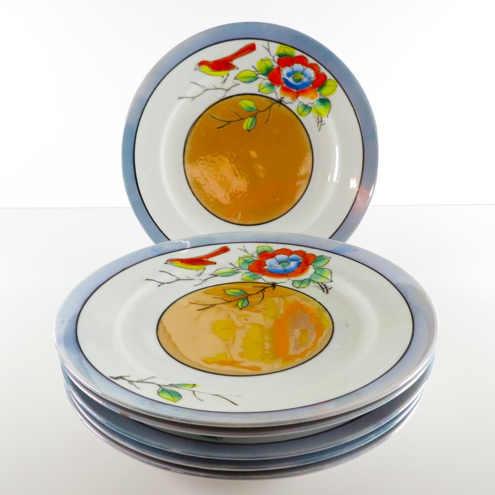 Antique Nippon Japan Dessert Salad Plates Set of 6 Floral Bird Luster 7.25"